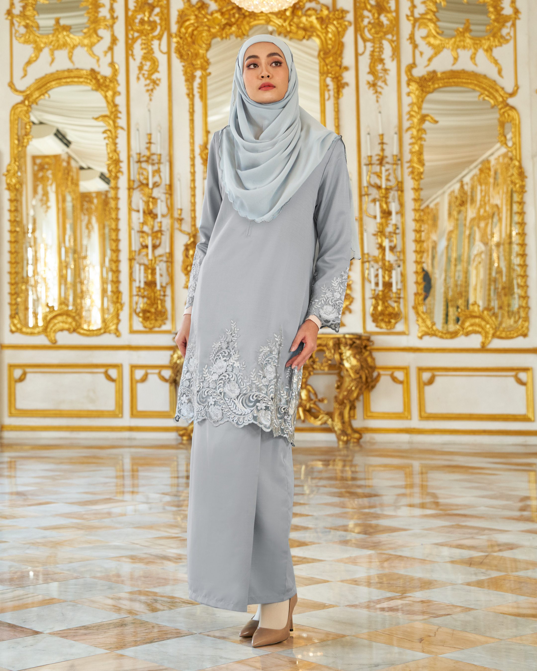 Baju Kurung Royal Lace Ayra - Pigeon Gray