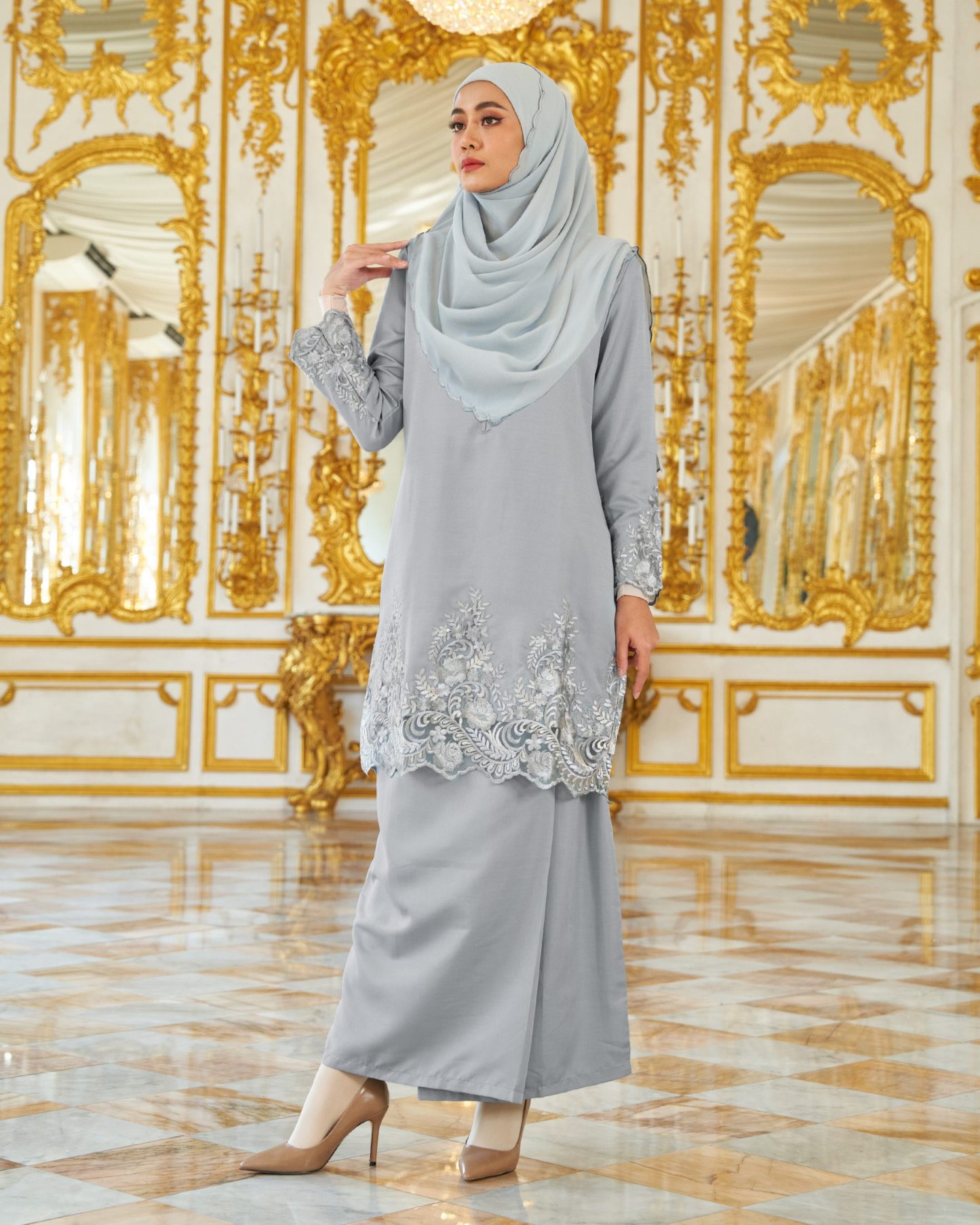 Baju Kurung Royal Lace Ayra - Pigeon Gray
