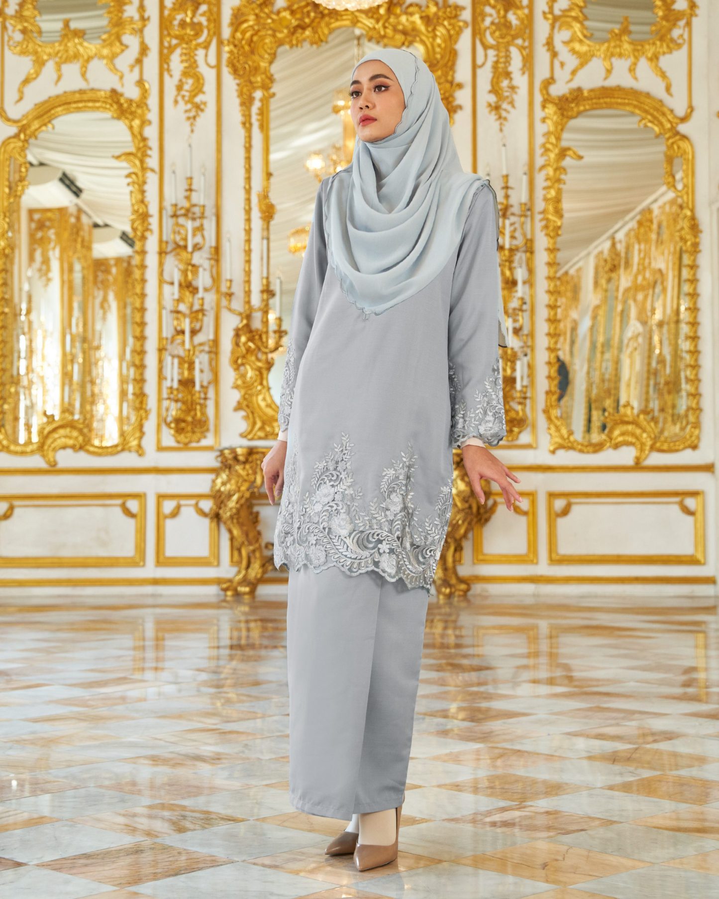 Baju Kurung Royal Lace Ayra - Pigeon Gray