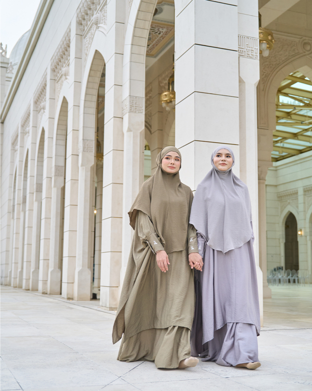 Kaftan And Khimar 3-Piece Suit Coquette Sulam Ribbon Clarissa - Laurel Green