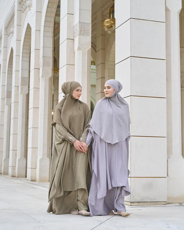 Kaftan And Khimar 3-Piece Suit Coquette Sulam Ribbon Clarissa - Silver Grey
