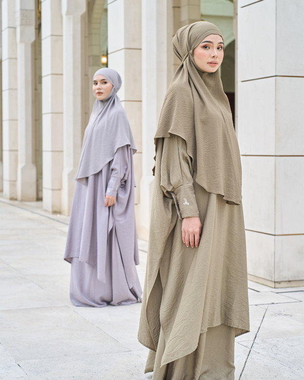 Kaftan And Khimar 3-Piece Suit Coquette Sulam Ribbon Clarissa - Laurel Green