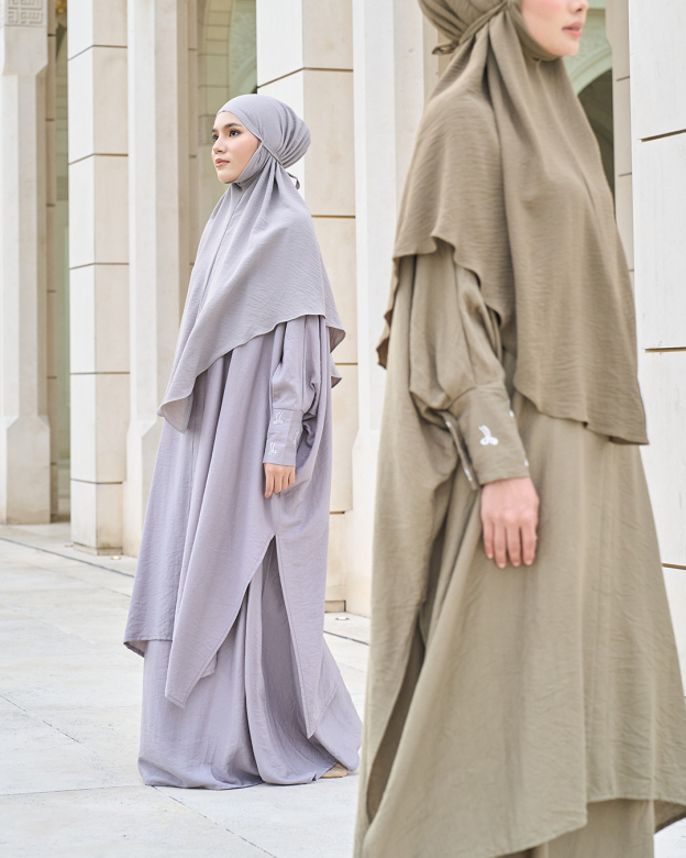 Kaftan And Khimar 3-Piece Suit Coquette Sulam Ribbon Clarissa - Silver Grey