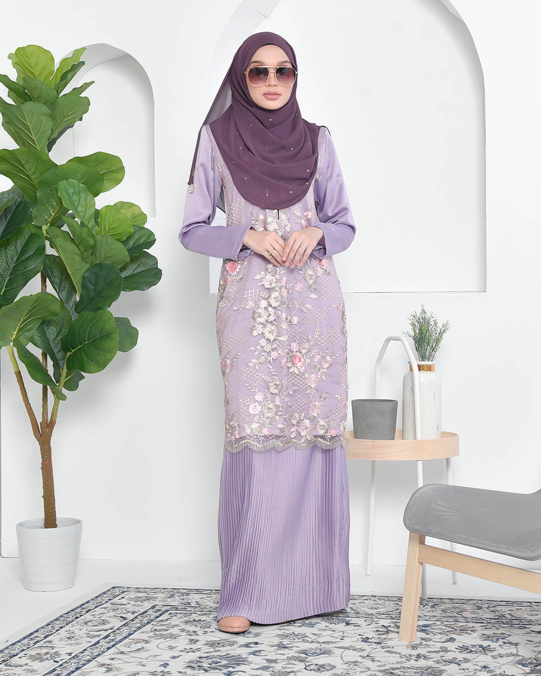 Baju Kurung Lace Pleated Aeni - Mauve Purple