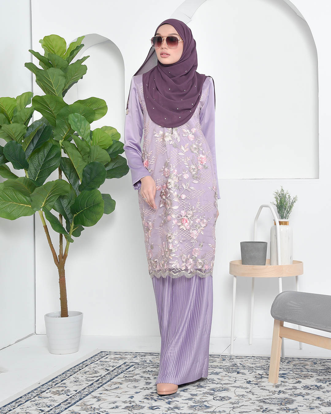 Baju Kurung Lace Pleated Aeni - Mauve Purple