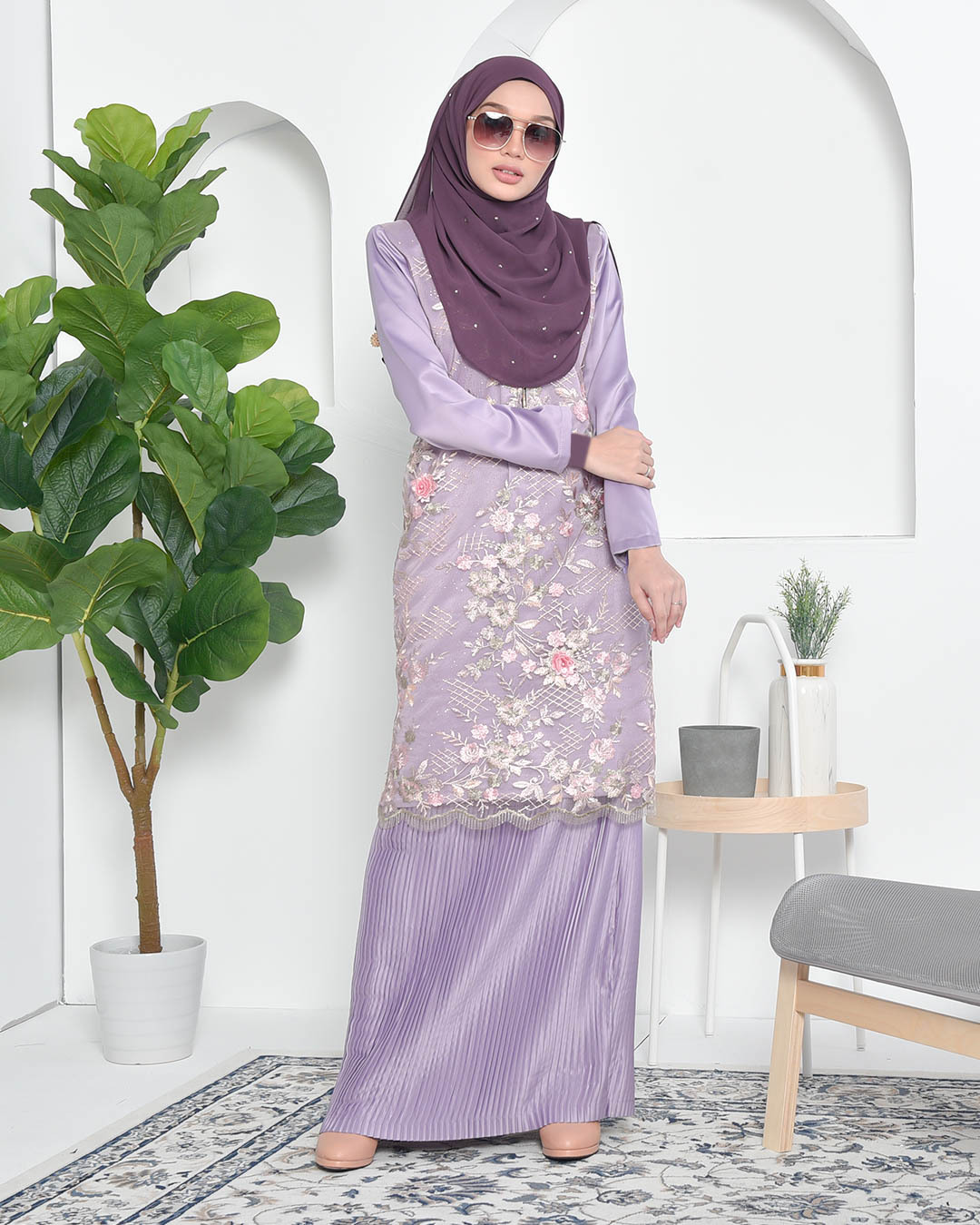 Baju Kurung Lace Pleated Aeni - Mauve Purple