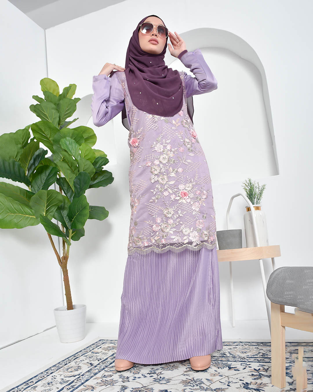 Baju Kurung Lace Pleated Aeni - Mauve Purple