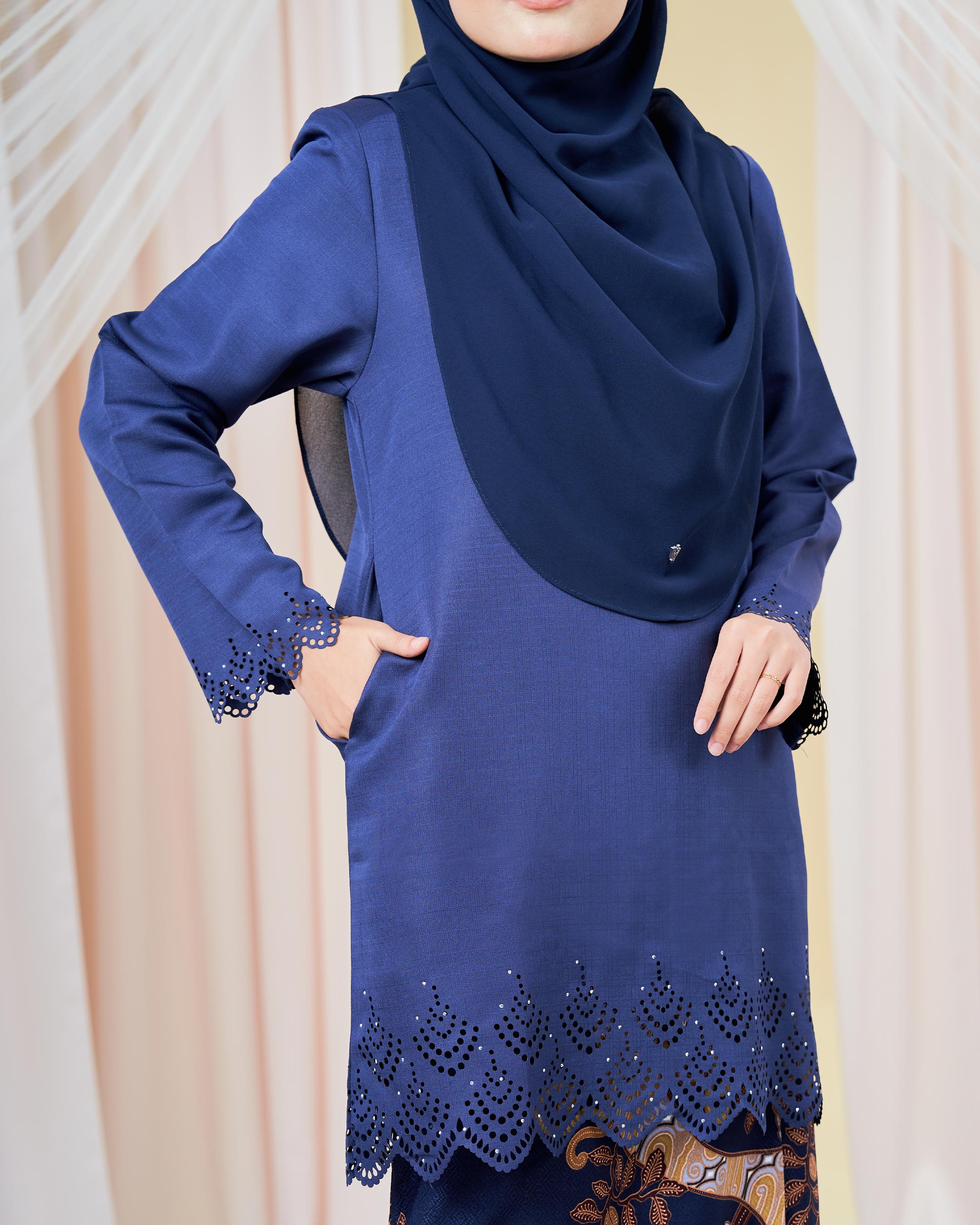 Baju Kurung Batik Lasercut Hanifa - Navy Blue