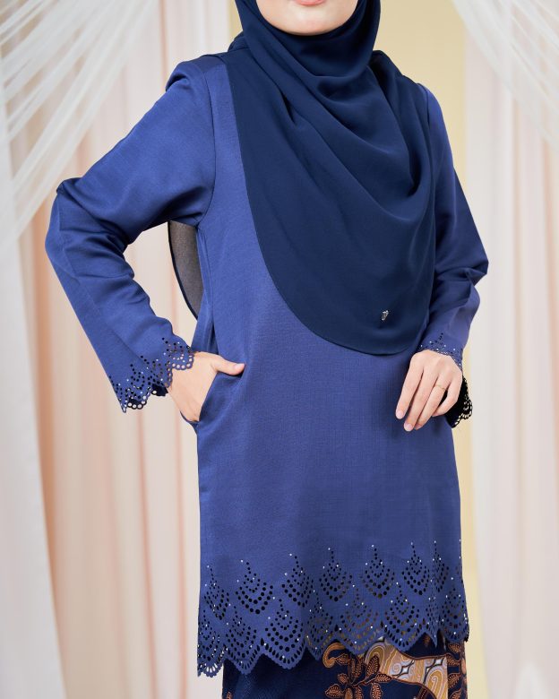Baju Kurung Batik Lasercut Hanifa - Navy Blue