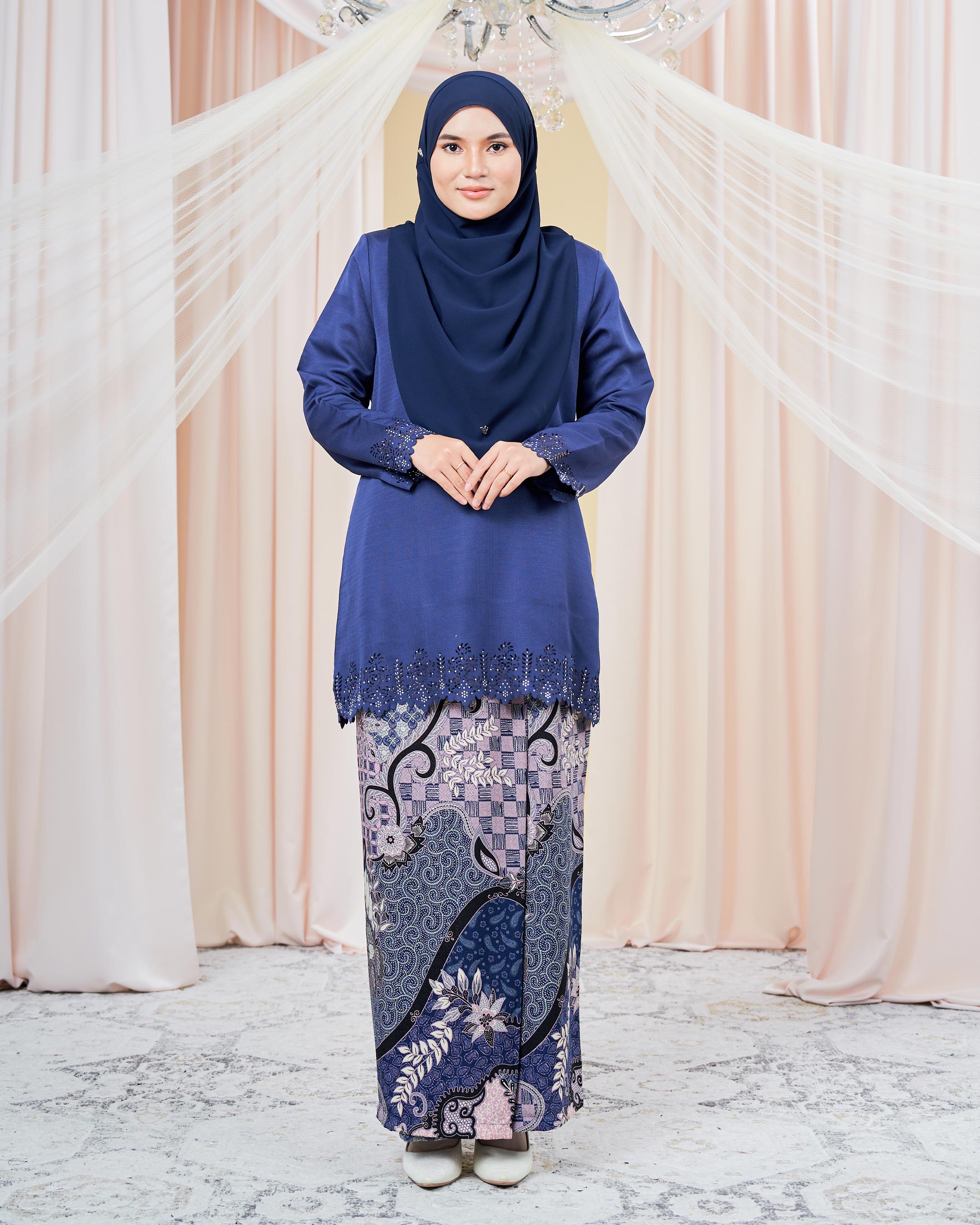 Baju Kurung Batik Lasercut Helda - Navy Blue