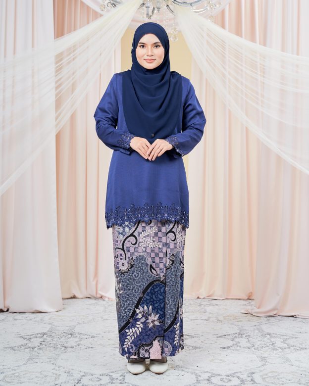 Baju Kurung Batik Lasercut Helda - Navy Blue