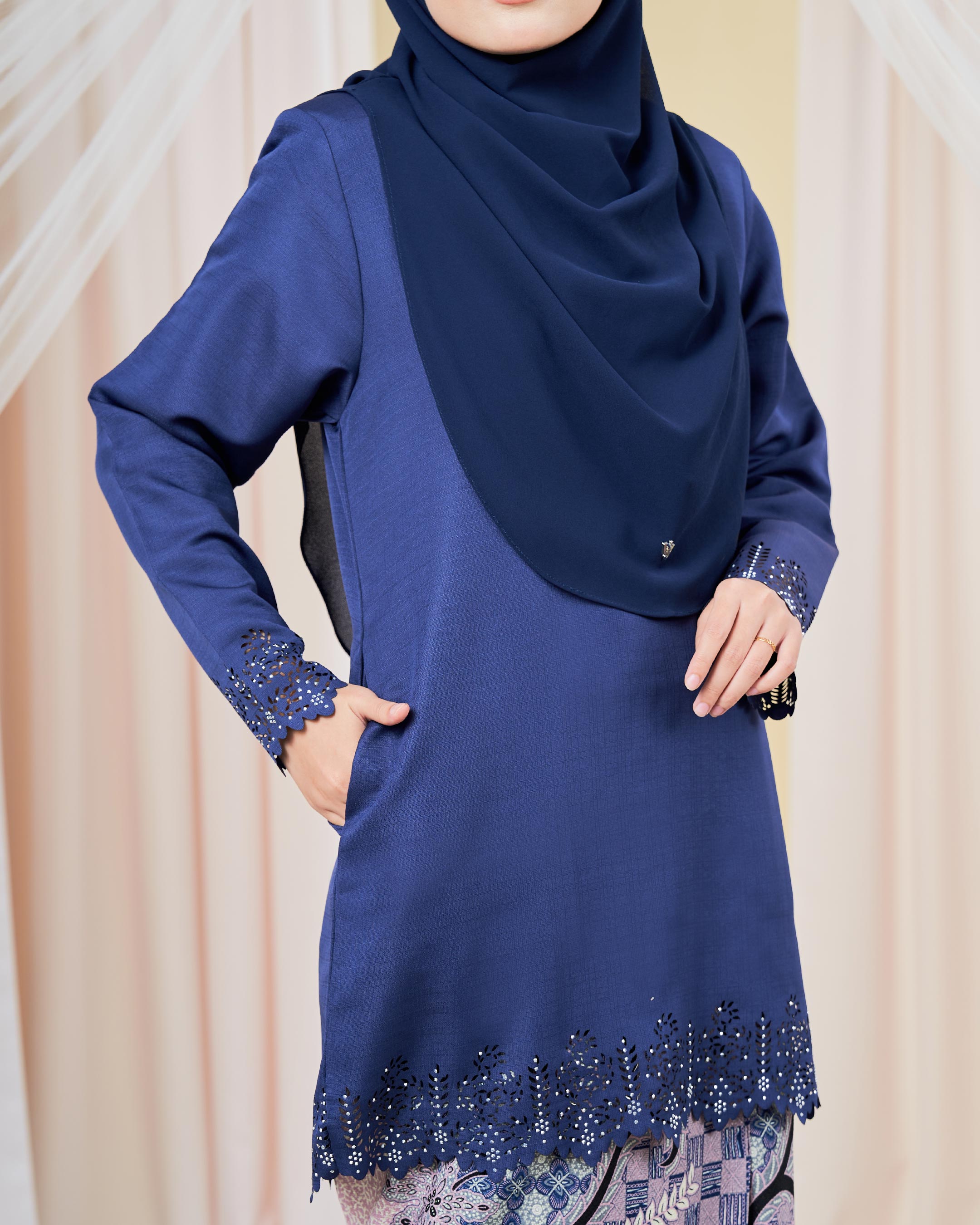 Baju Kurung Batik Lasercut Helda - Navy Blue