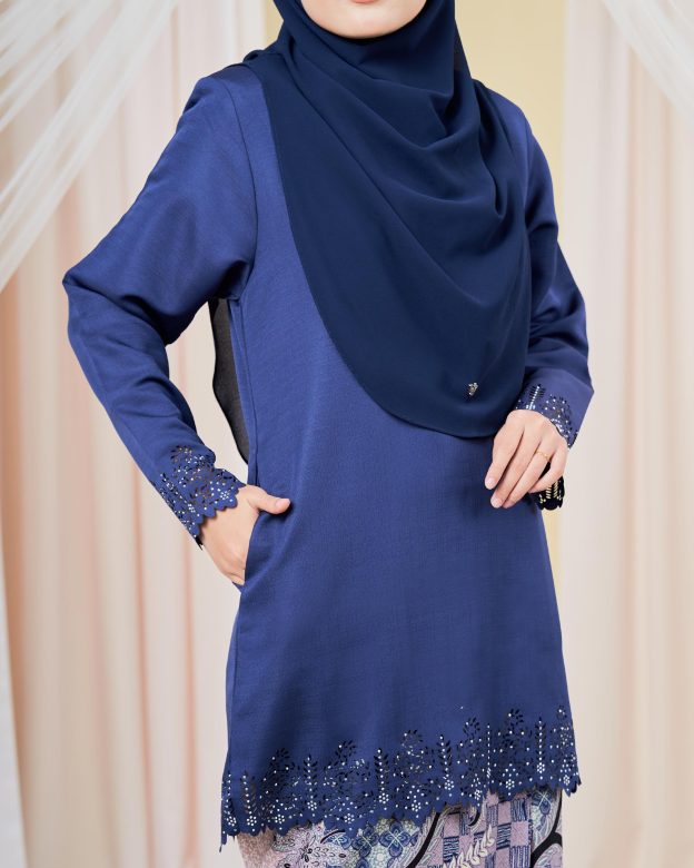 Baju Kurung Batik Lasercut Helda - Navy Blue