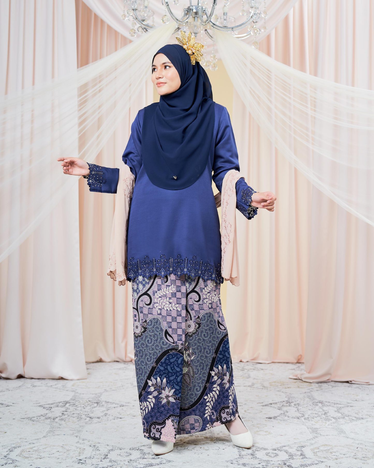 Baju Kurung Batik Lasercut Helda - Navy Blue