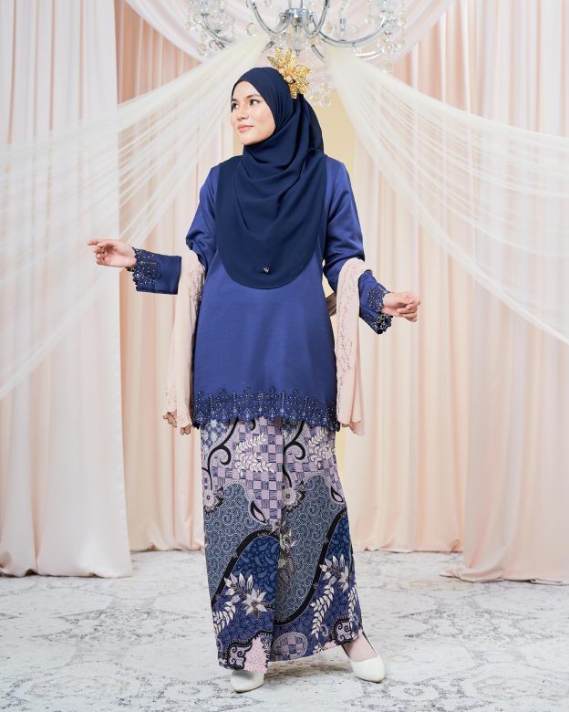 Baju Kurung Batik Lasercut Helda - Navy Blue