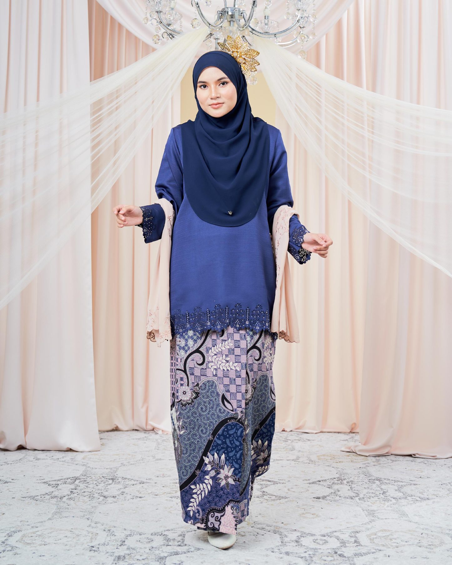Baju Kurung Batik Lasercut Helda - Navy Blue