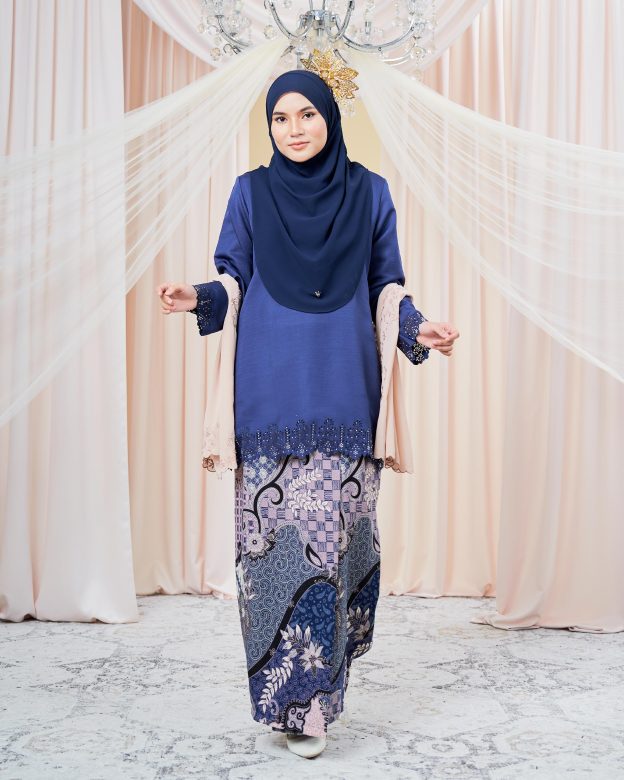 Baju Kurung Batik Lasercut Helda - Navy Blue