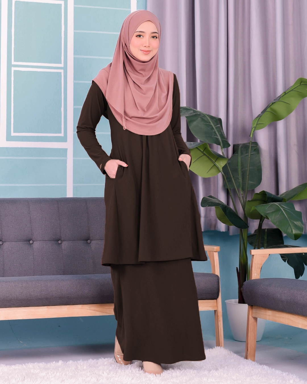 Baju Kurung Pahang Laura Plain 3.0 - Mocha Brown