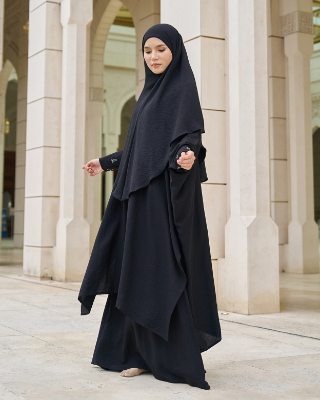 Kaftan And Khimar 3-Piece Suit Coquette Sulam Ribbon Clarissa - Black