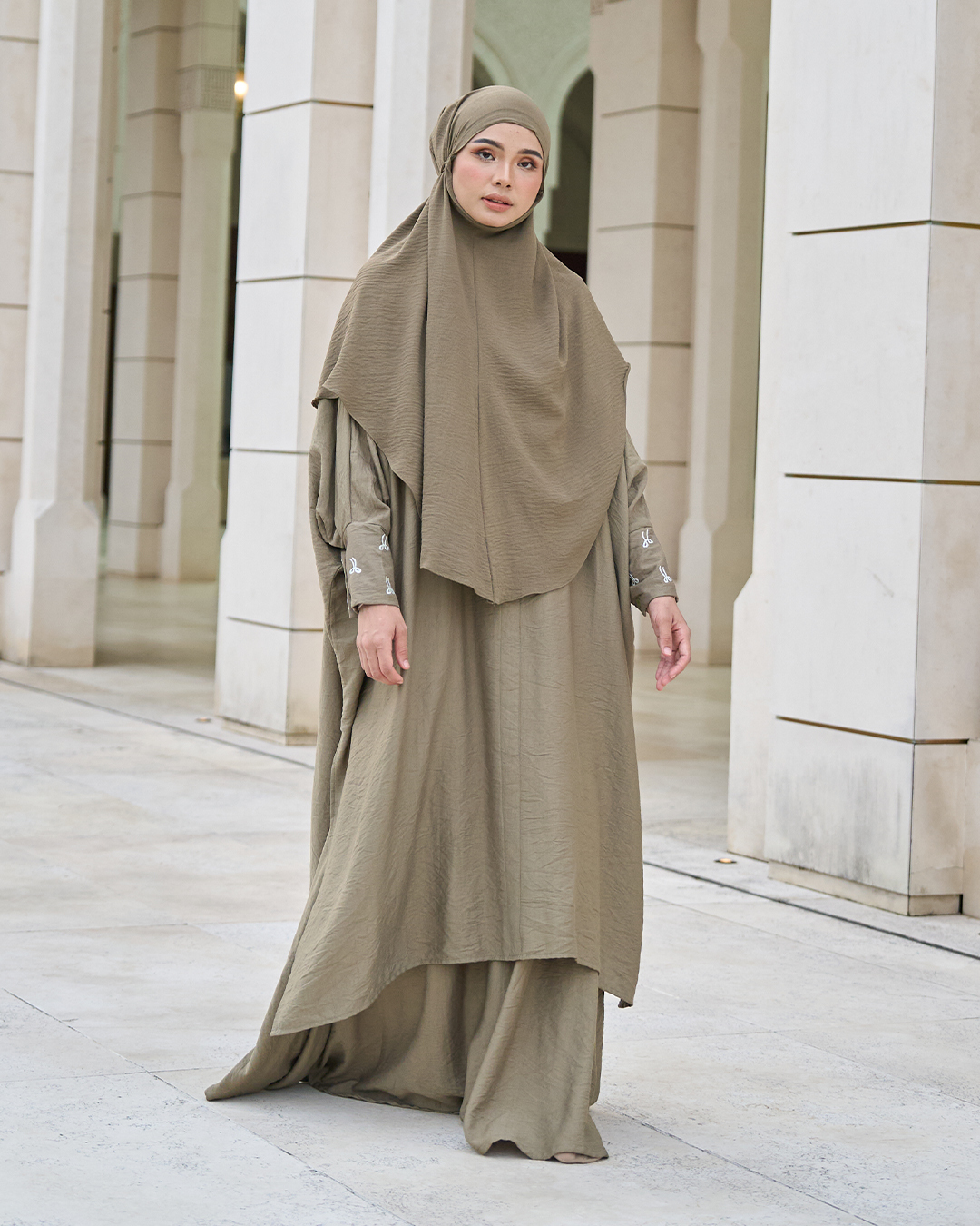 Kaftan And Khimar 3-Piece Suit Coquette Sulam Ribbon Clarissa - Laurel Green