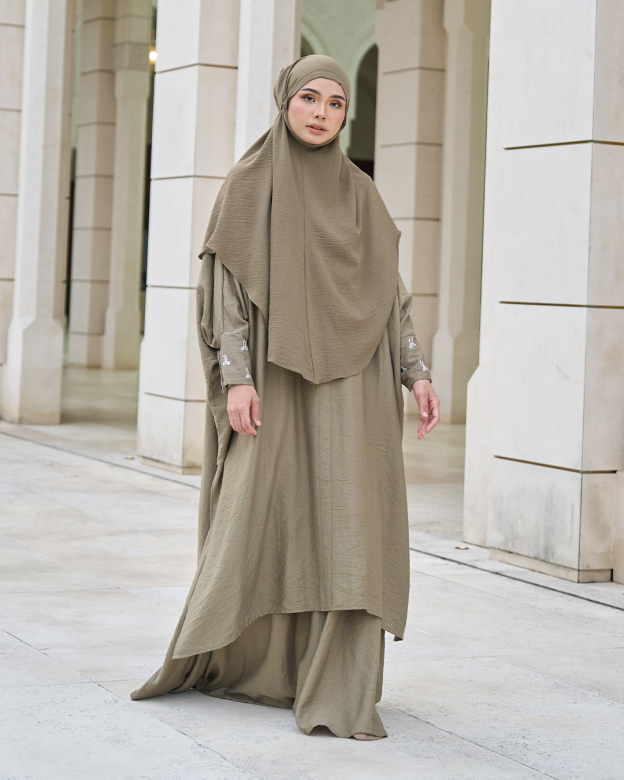 Kaftan And Khimar 3-Piece Suit Coquette Sulam Ribbon Clarissa - Laurel Green