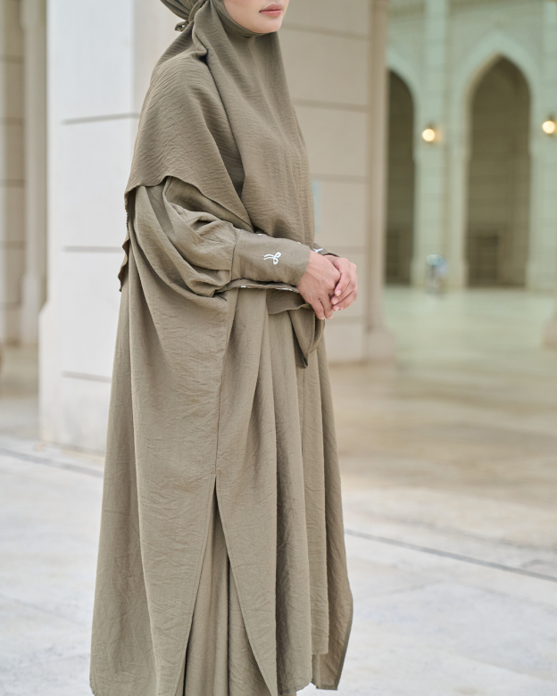Kaftan And Khimar 3-Piece Suit Coquette Sulam Ribbon Clarissa - Laurel Green