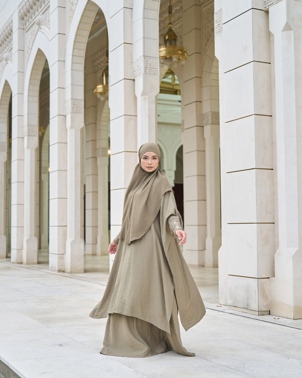 Kaftan And Khimar 3-Piece Suit Coquette Sulam Ribbon Clarissa - Laurel Green