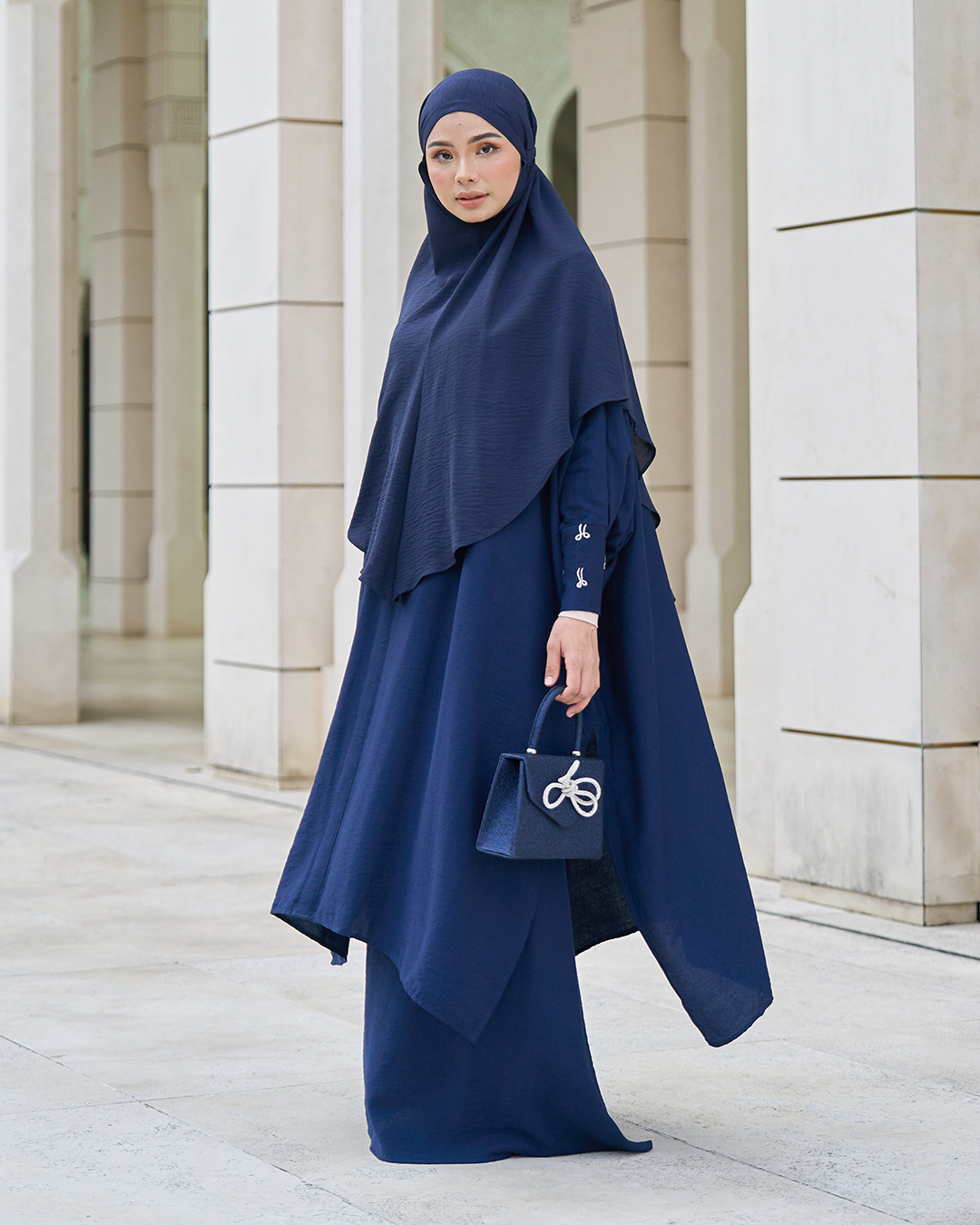 Kaftan And Khimar 3-Piece Suit Coquette Sulam Ribbon Clarissa - Navy Blue