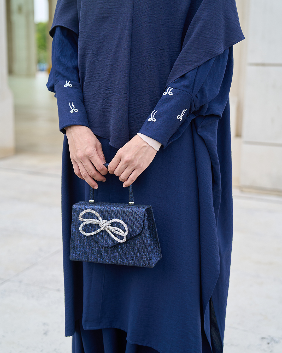 Kaftan And Khimar 3-Piece Suit Coquette Sulam Ribbon Clarissa - Navy Blue