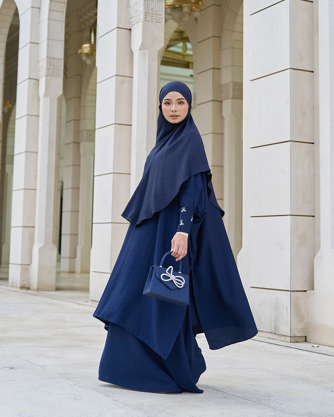 Kaftan And Khimar 3-Piece Suit Coquette Sulam Ribbon Clarissa - Navy Blue