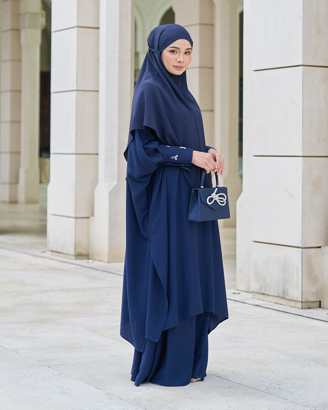 Kaftan And Khimar 3-Piece Suit Coquette Sulam Ribbon Clarissa - Navy Blue