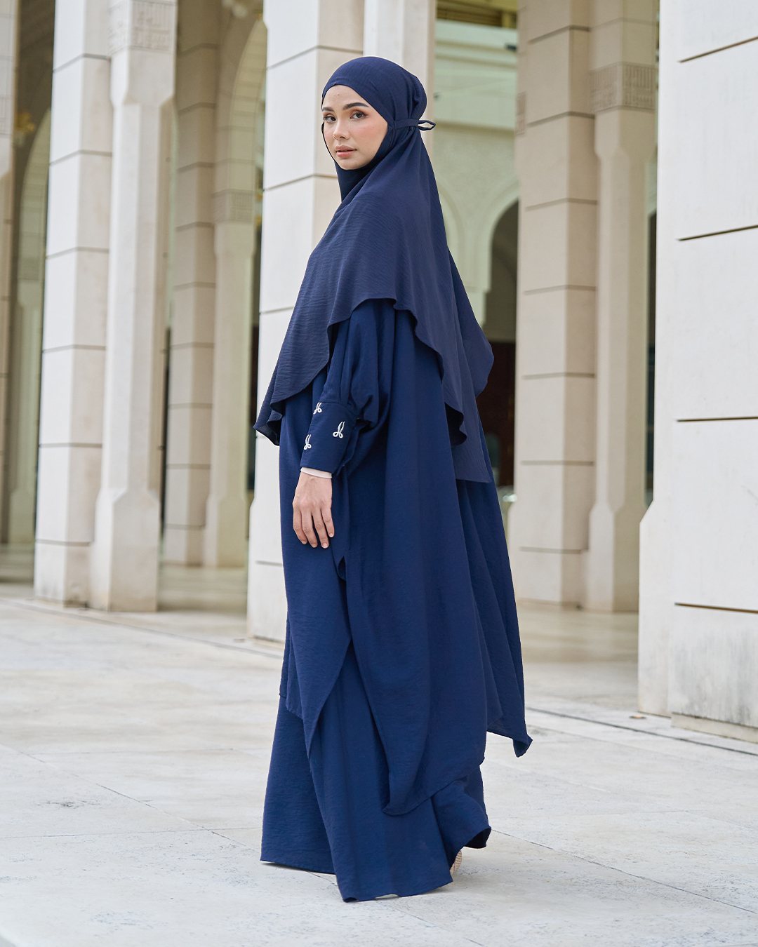 Kaftan And Khimar 3-Piece Suit Coquette Sulam Ribbon Clarissa - Navy Blue