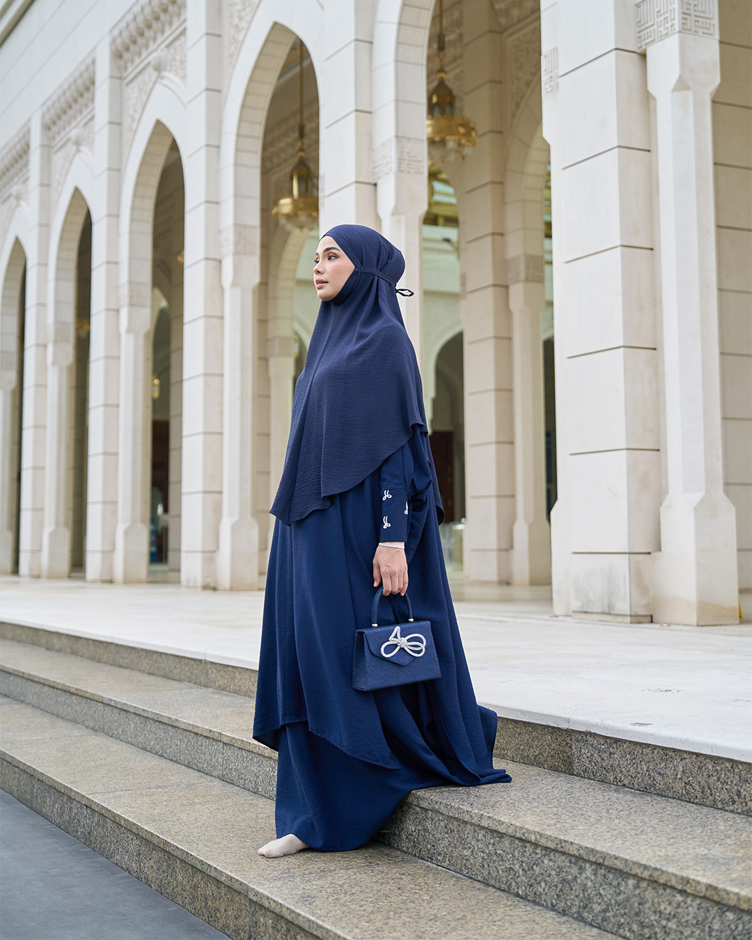 Kaftan And Khimar 3-Piece Suit Coquette Sulam Ribbon Clarissa - Navy Blue