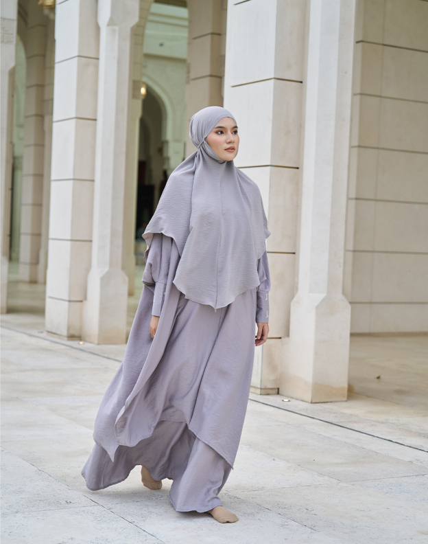 Kaftan And Khimar 3-Piece Suit Coquette Sulam Ribbon Clarissa - Silver Grey