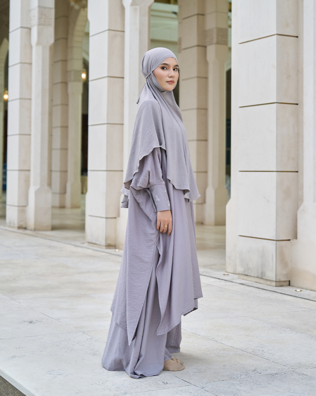Kaftan And Khimar 3-Piece Suit Coquette Sulam Ribbon Clarissa - Silver Grey