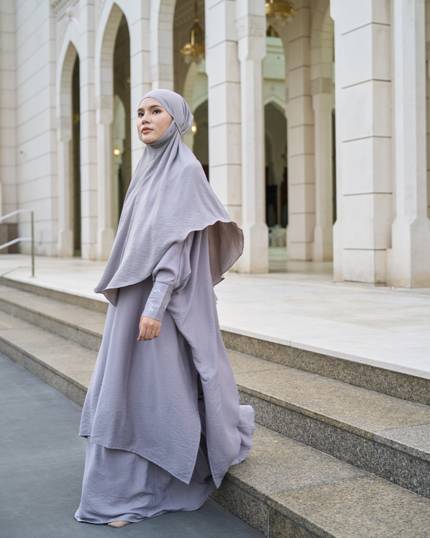 Kaftan And Khimar 3-Piece Suit Coquette Sulam Ribbon Clarissa - Silver Grey
