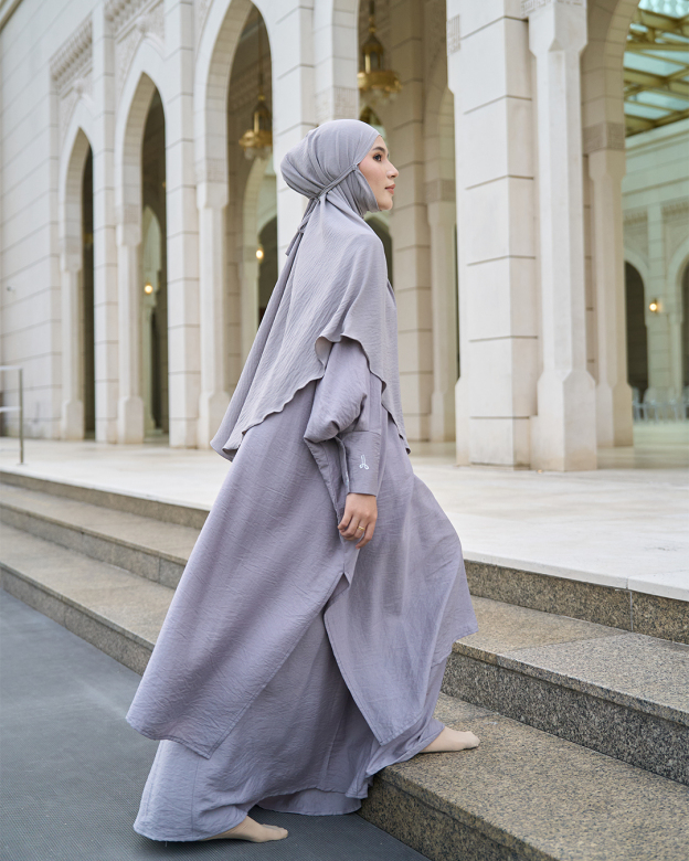 Kaftan And Khimar 3-Piece Suit Coquette Sulam Ribbon Clarissa - Silver Grey