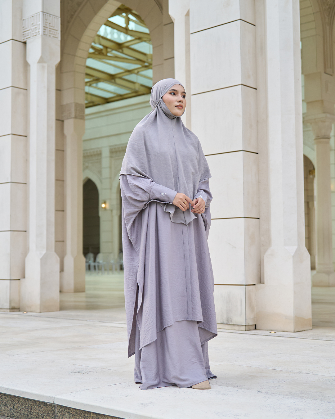 Kaftan And Khimar 3-Piece Suit Coquette Sulam Ribbon Clarissa - Silver Grey