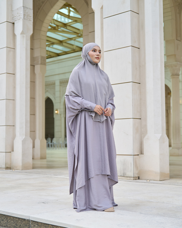 Kaftan And Khimar 3-Piece Suit Coquette Sulam Ribbon Clarissa - Silver Grey