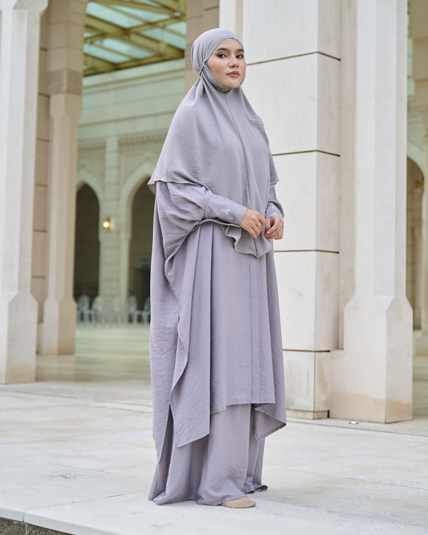Kaftan And Khimar 3-Piece Suit Coquette Sulam Ribbon Clarissa - Silver Grey