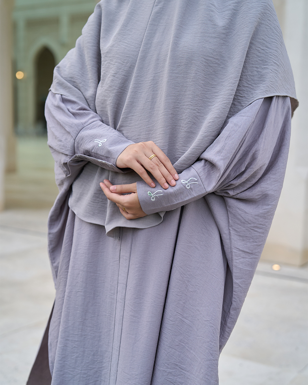 Kaftan And Khimar 3-Piece Suit Coquette Sulam Ribbon Clarissa - Silver Grey
