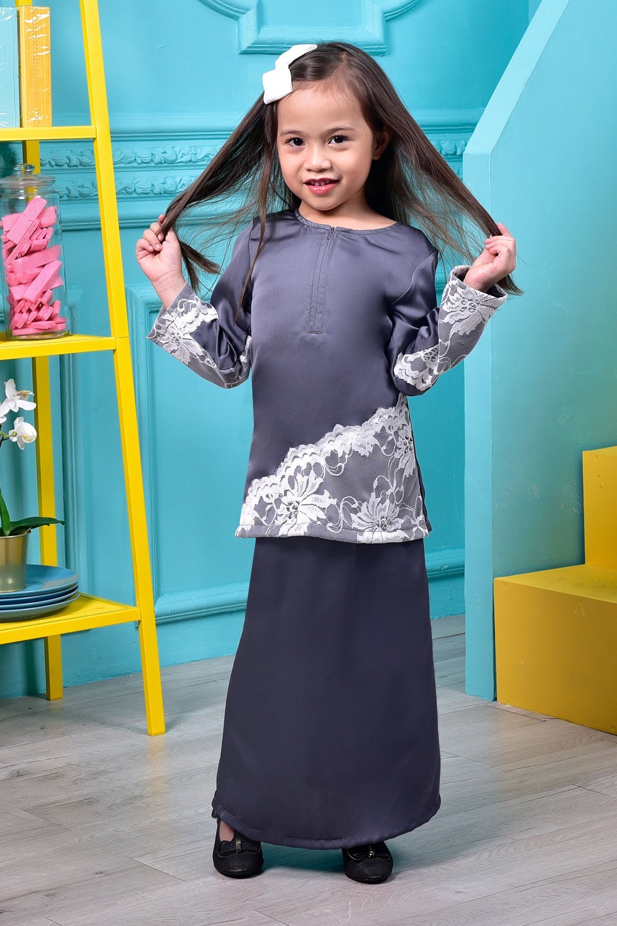Baju Kurung Kartika Lace Kids - Badger Grey