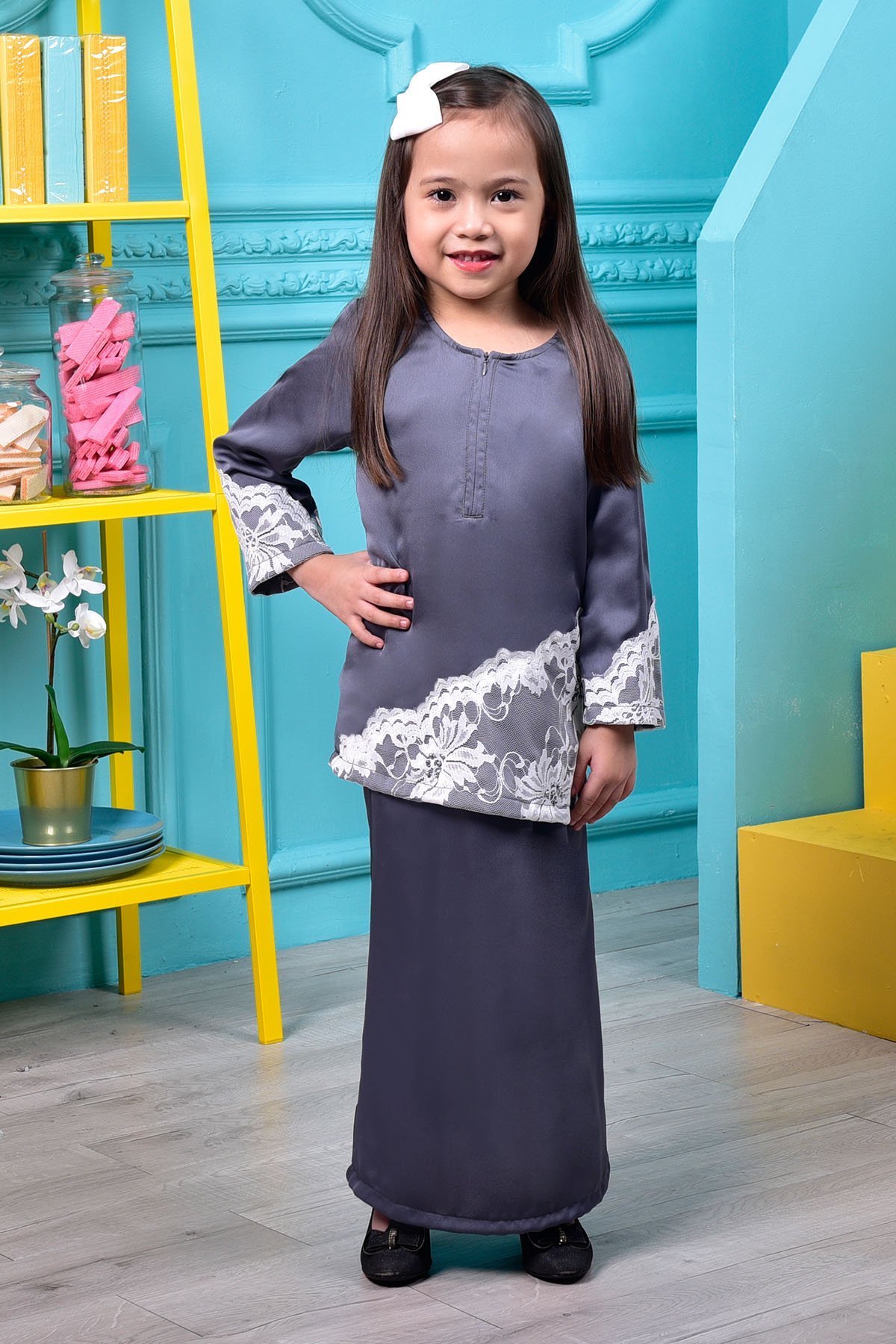 Baju Kurung Kartika Lace Kids - Badger Grey