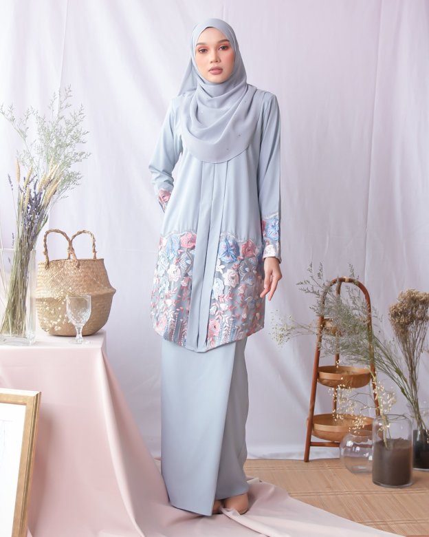 Baju Kebarung Lace Adeen - Dusty Lightblue