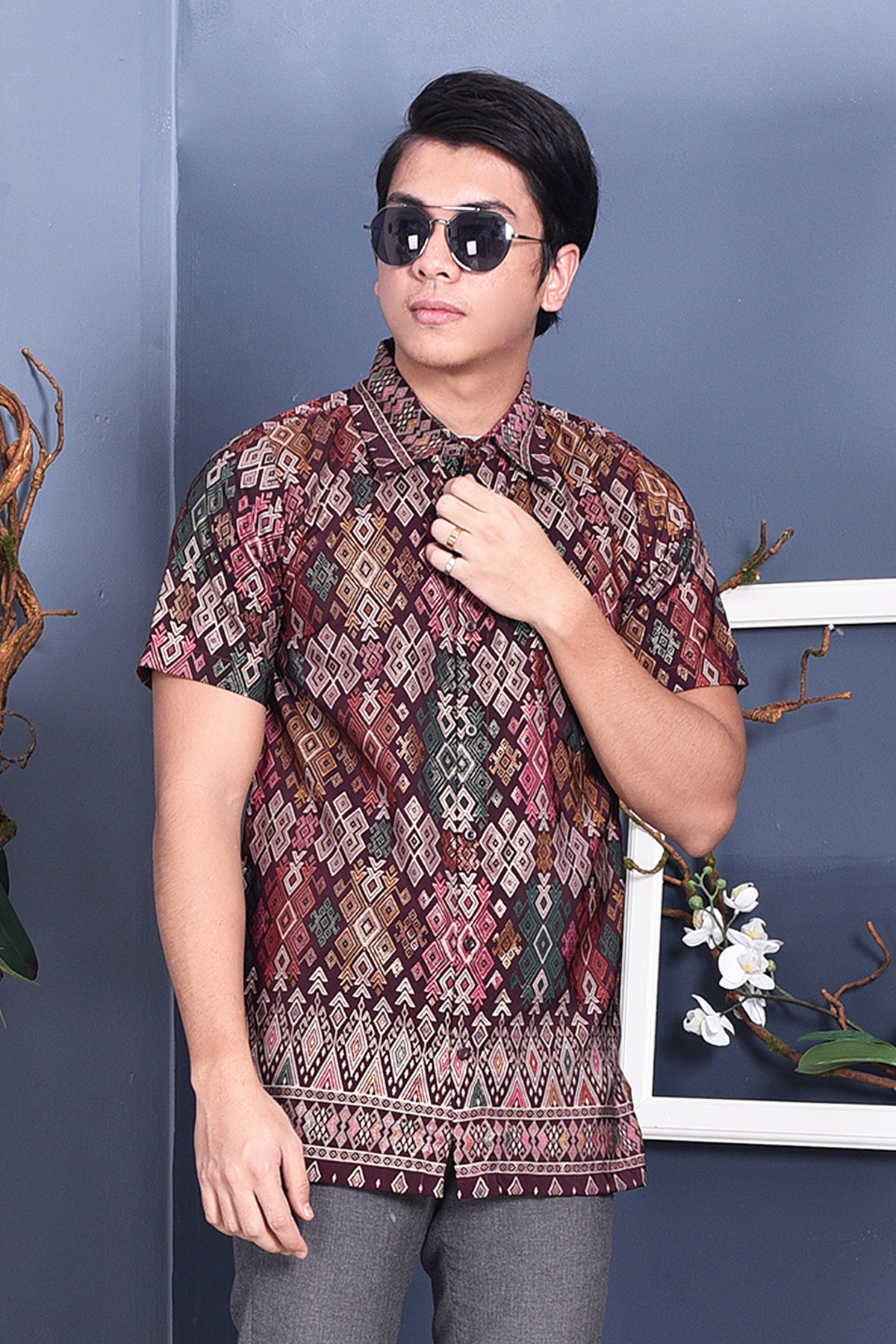 Baju Kemeja Songket Lucca - Deep Maroon