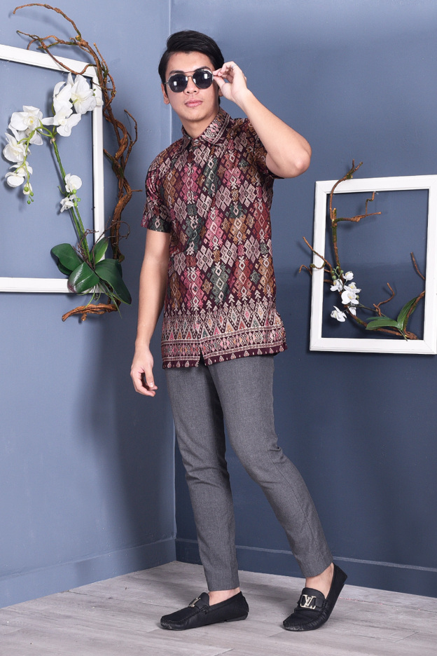 Baju Kemeja Songket Lucca - Deep Maroon
