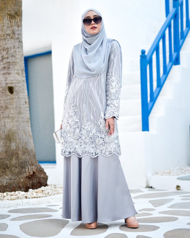 Baju Kurung Lace Abeela - Silver Cloud