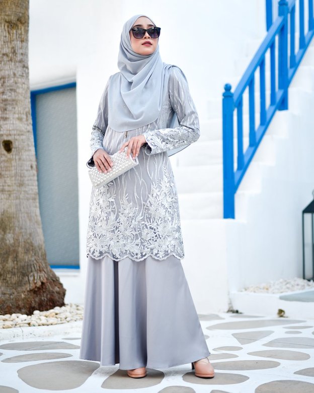 Baju Kurung Lace Abeela - Silver Cloud