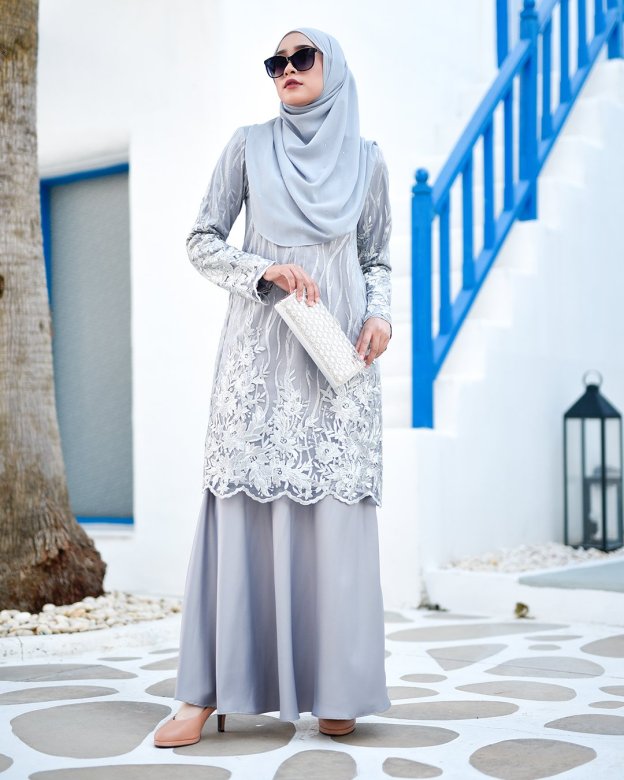 Baju Kurung Lace Abeela - Silver Cloud