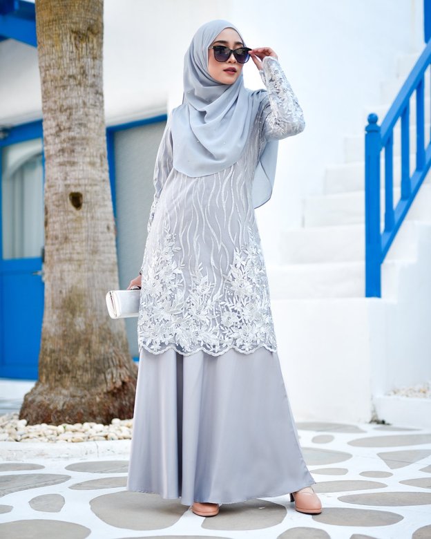 Baju Kurung Lace Abeela - Silver Cloud